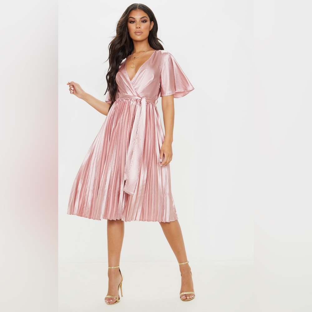 COPY - Dusty Pink Satin Pleated Midi Dress Flutter Sleeve Deep V Size 12